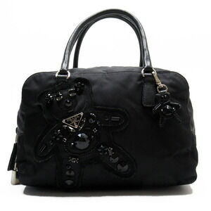 PRADA handbag triangle logo black leather stone accents classic